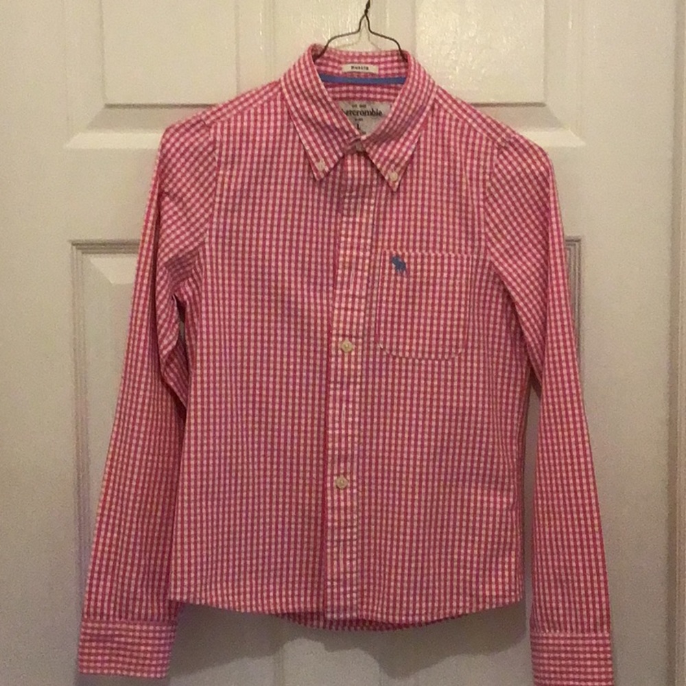 Abercrombie kids pink and white checked button down